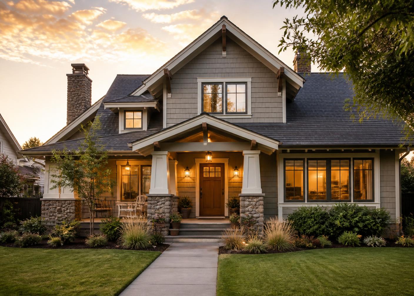A welcoming suburban home at golden hour