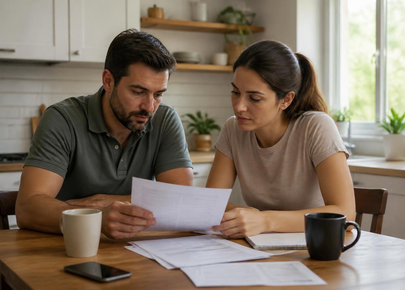 A couple reviewing household paperwork at their kitchen table
